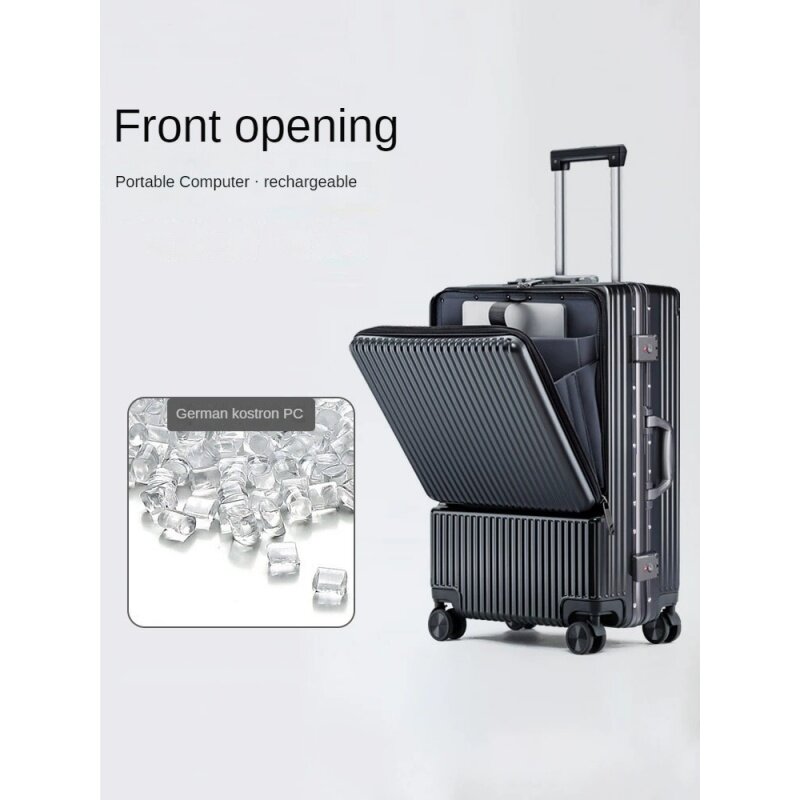 Wielofunkcyjna walizka z ładowaniem hasłem USB do mocowania bagażu z przodu aluminiowa rama pokrowiec na wózek cicha torba na pokład koła