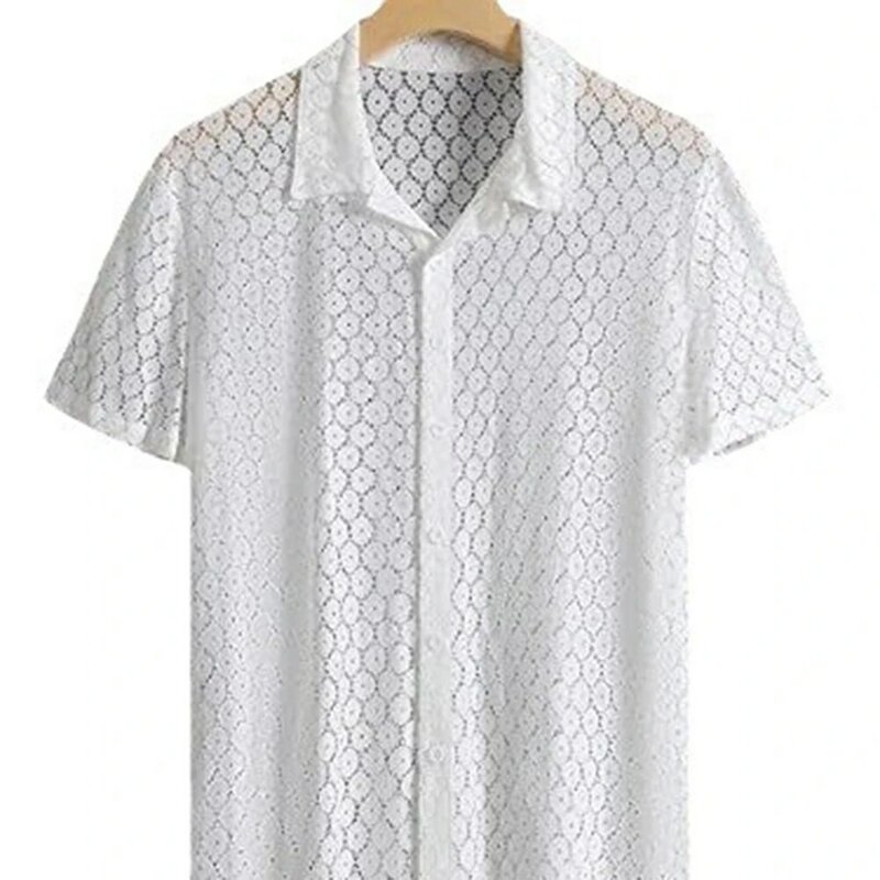 Tops Shirt Spitze äußere Revers Tops Polyester sexy Kurzarmhemd einfache weiße Strands tickerei aushöhlen Mesh