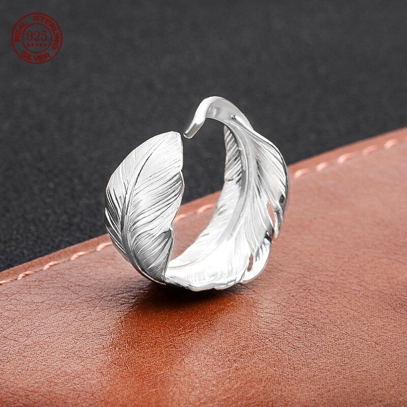 100% Puur Zilver S925 Eenvoudige Zilveren Veren Ring Voor Mannen En Vrouwen Trendy Persoonlijkheid Punk Open Ring Fabriek Directe Verkoop