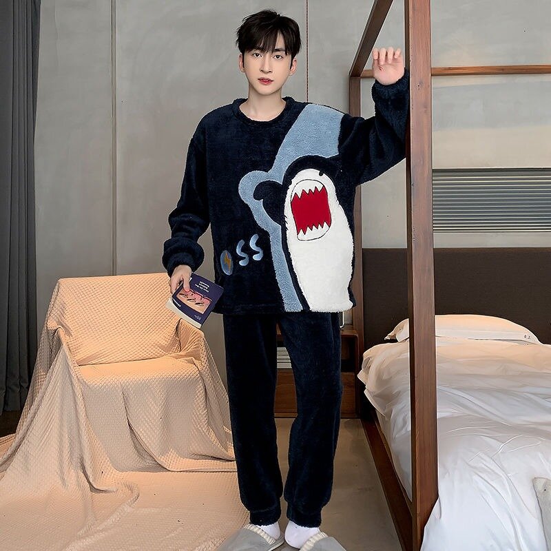 Men Winter Pajamas Youth Coral Fleece Thickened Fleece-Lined Cartoon Homewear Suit Casual Round Neck Warm Nightclothes Sets 2024