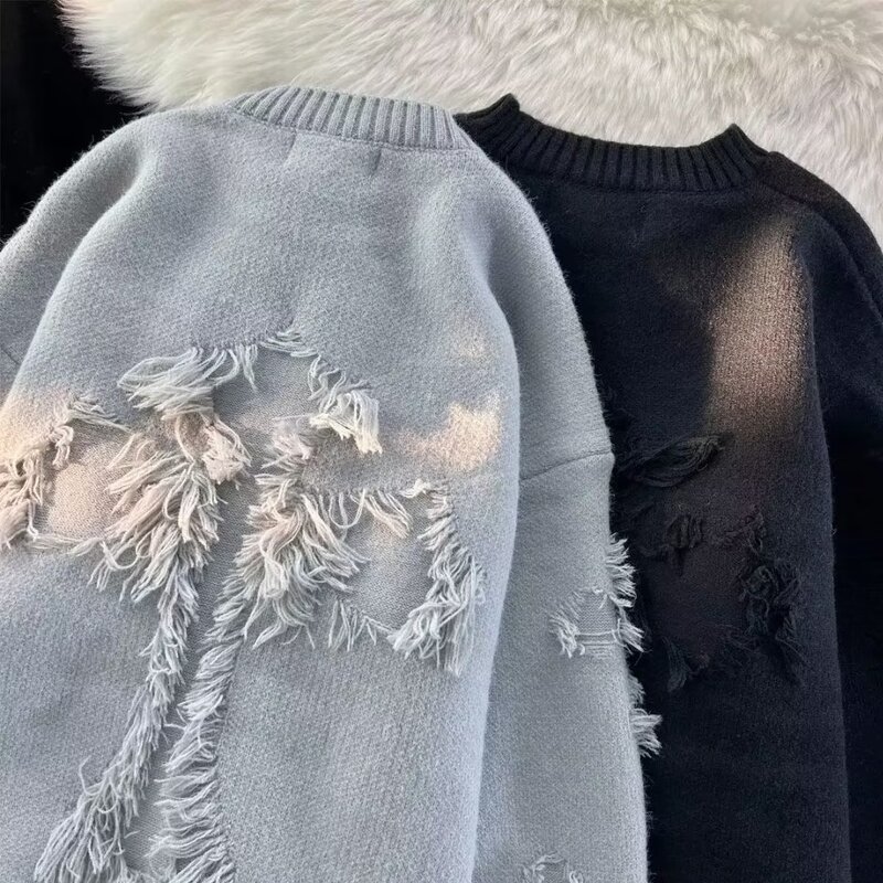 Suéter Retro con flecos y agujeros para hombre y mujer, ropa de calle Y2k, holgado, versátil, de manga larga, Otoño, 2023