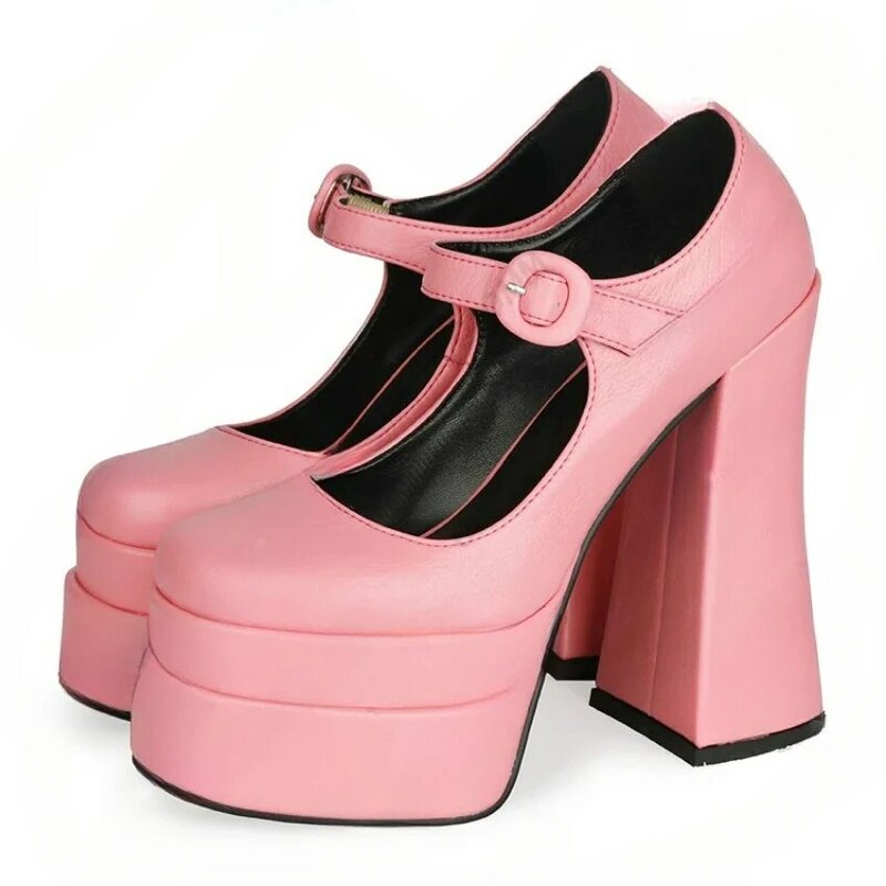2024 gambar asli pompa Platform wanita gesper hak tebal sepatu klub malam merah muda cantik ujung persegi ukuran US 4-13