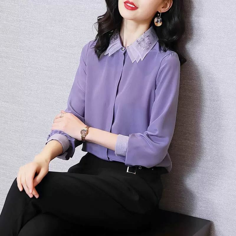 Elegant Lapel Spliced Gauze Embroidery Shirt Women's Clothing 2024 Spring New Loose Casual Tops All-match Office Lady Blouse