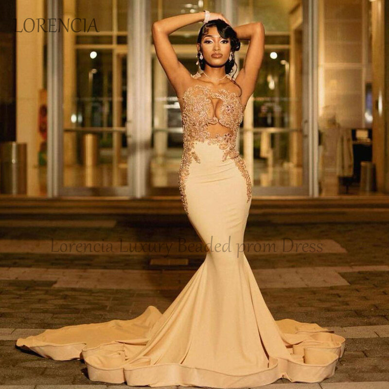 Luxury Glitter Mermaid Prom Dresses Black Girls Gold Sparkly Beaded Applique Sleeveless Evening Dress Gown Formal Robe De Soiree