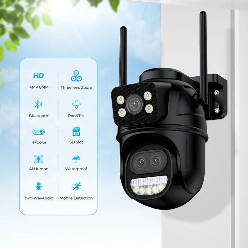กล้อง Wi-Fi luar ruangan 12MP ซูมสามเลนส์สองหน้าจอกล้องวิดีโอ PTZ CCTV รักษาความปลอดภัยในบ้านติดตามอัตโนมัติกล้องเฝ้าระวัง8MP