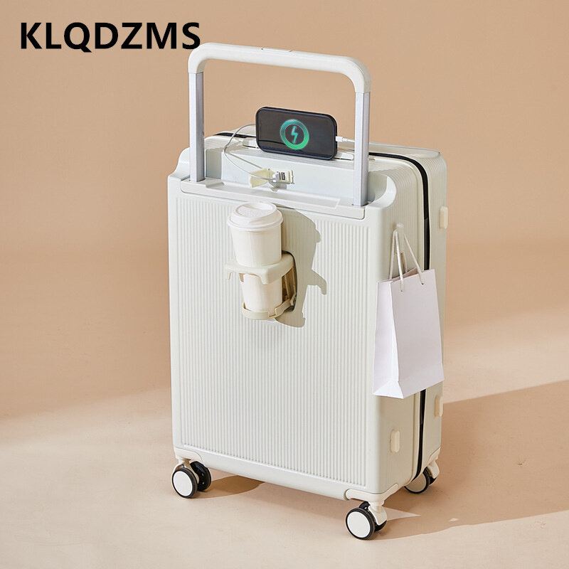 KLQDZMS casing troli tebal PC bagasi 20 "22" 24 "26 inci, kotak asrama multifungsi wanita dengan pemegang cangkir koper bergulung
