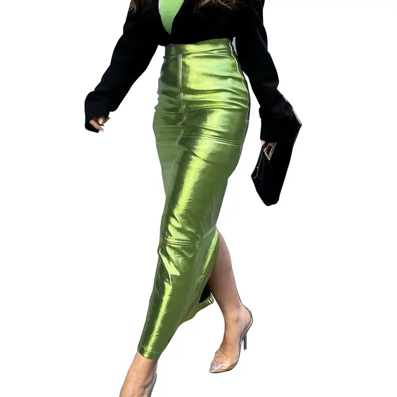 Faldas largas de lujo con abertura brillante para mujer, maxifalda Sexy ajustada de cintura alta, color verde metálico, ropa elegante para fiesta de cumpleaños, 2024