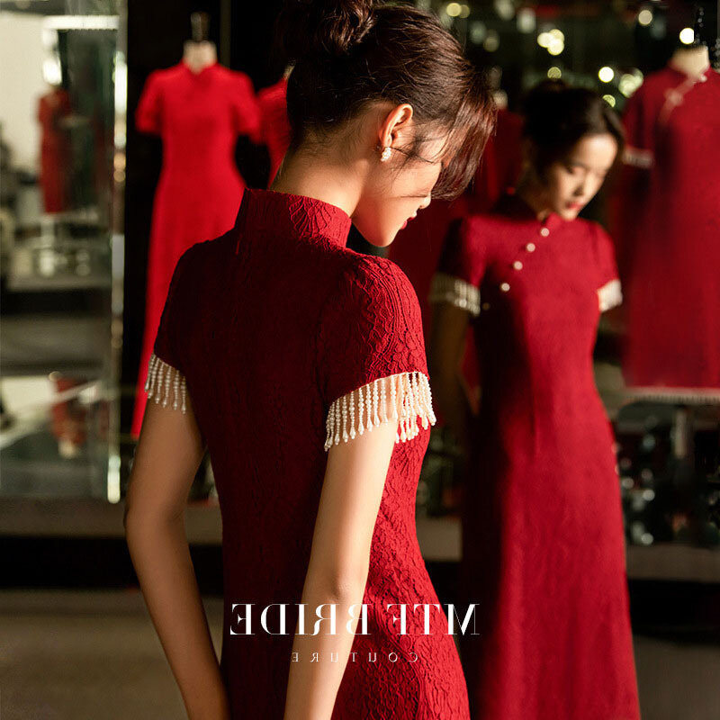 Qipao-Robe de soirée traditionnelle chinoise, grande taille, Cheongsam sexy, robe de mariée rétro moderne, rouge, mariage, fiançailles, automne