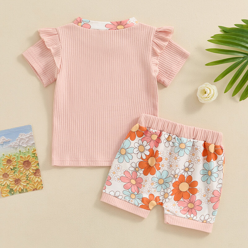 2024-03-25 Lioraitiin 0-3Y Summer Baby Girls 2PCS Clothes Sets Pink Short Sleeve Crewneck Ruffle Tops Floral Shorts Sets