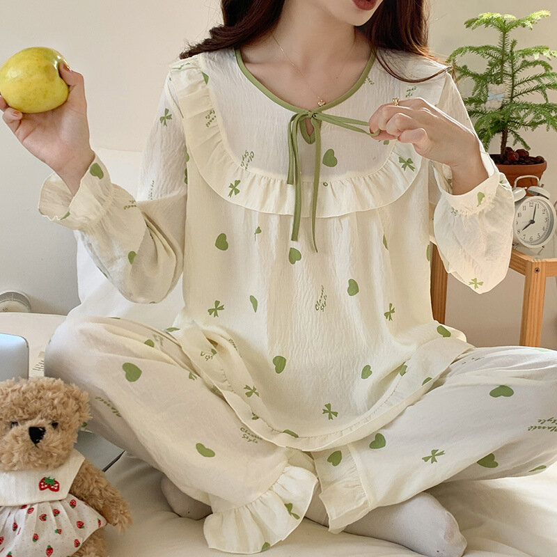 Милый женский пижамный комплект в Корейском стиле, новые комплекты с длинными рукавами и брюками, повседневный весенне-осенний хлопковый домашний костюм, женская одежда для сна