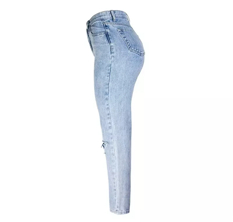 Jeans dritti con bottoni a vita alta blu chiaro stile fidanzato pantaloni strappati sbiancati pantaloni classici in Denim Casual larghi da donna