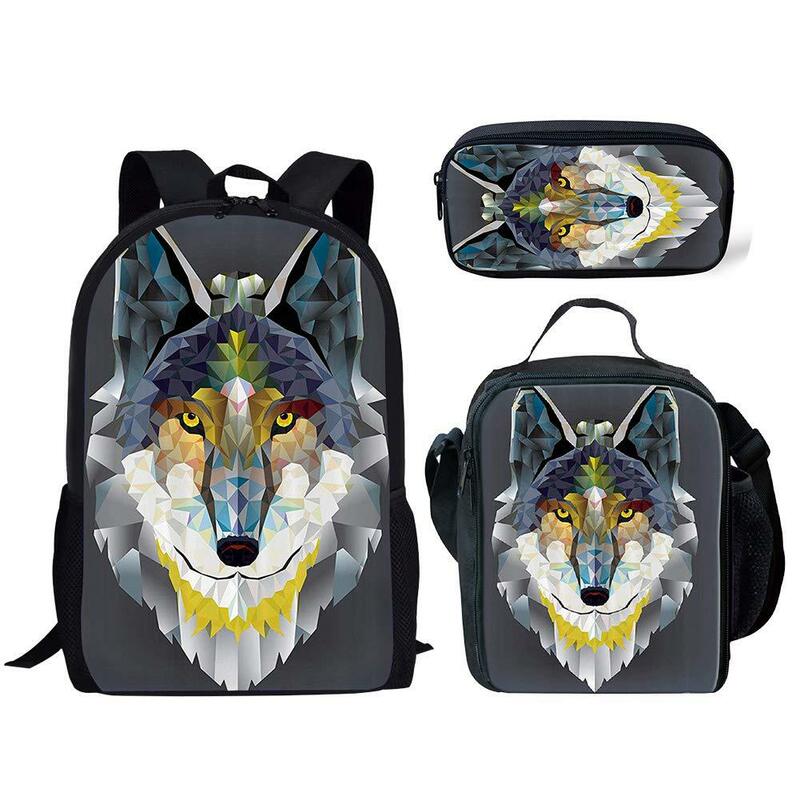 3D Wolf Totem Cartoon Print Mochila, Bolsas escolares do aluno, mochila para laptop, lancheira, estojo de lápis, moda popular, 3pcs por conjunto