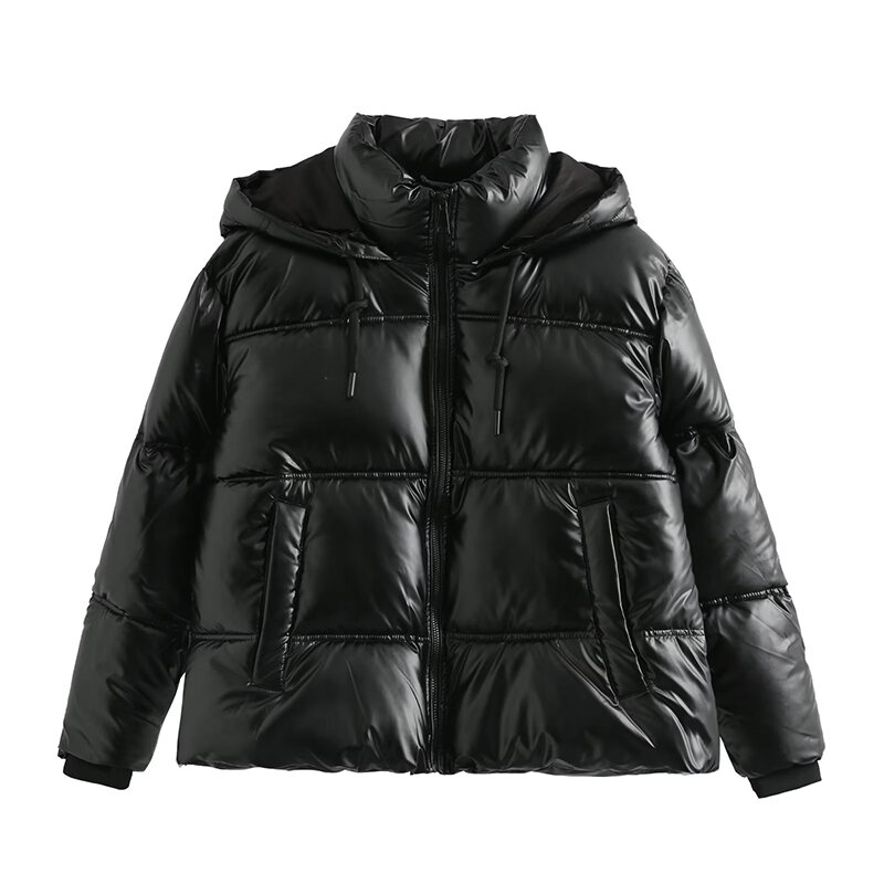 Mantel bertudung untuk wanita, mantel musim dingin hangat motif Anorak, jaket katun parka bertudung elegan warna hitam putih