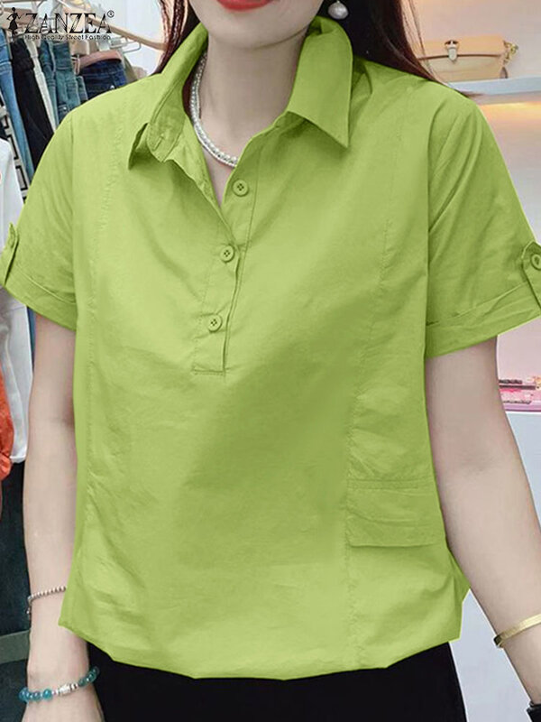 ZANZEA-Blusa informal de verano para mujer, camisa de manga corta con cuello de solapa y botones, color liso