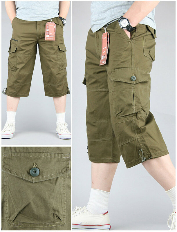Calção casual de algodão cargo masculino, comprimento longo, multi bolso, calça capri, masculino, camuflado militar, curto, tamanho M-5XL, verão, 2022