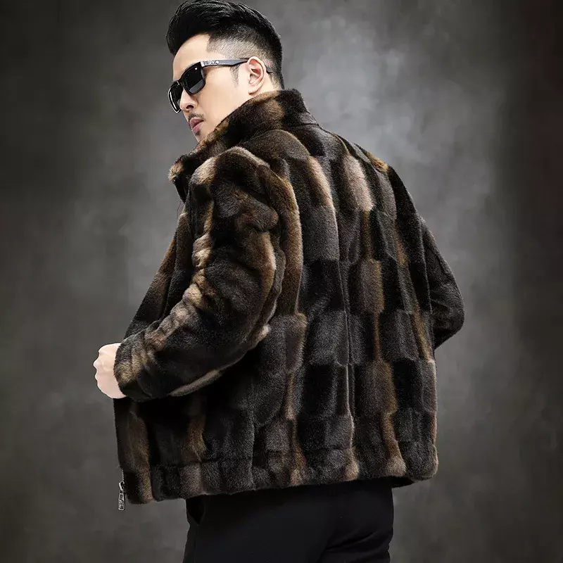 2023 jesienno-zimowa męska moda prawdziwe futra z norek męska stójka ciepła kurtki futrzane męska prawdziwe futro krata odzież wierzchnia P465