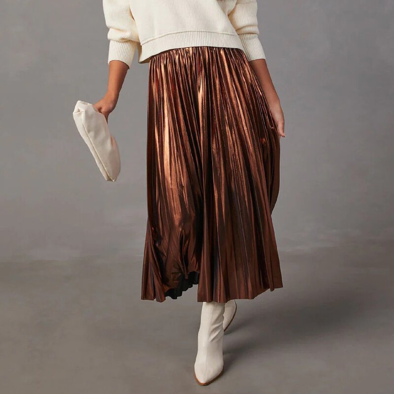 Faldas largas elegantes para mujer, faldas holgadas de cintura elástica con pliegues de Color sólido, informales y elegantes, ropa de ocio, novedad de 2024