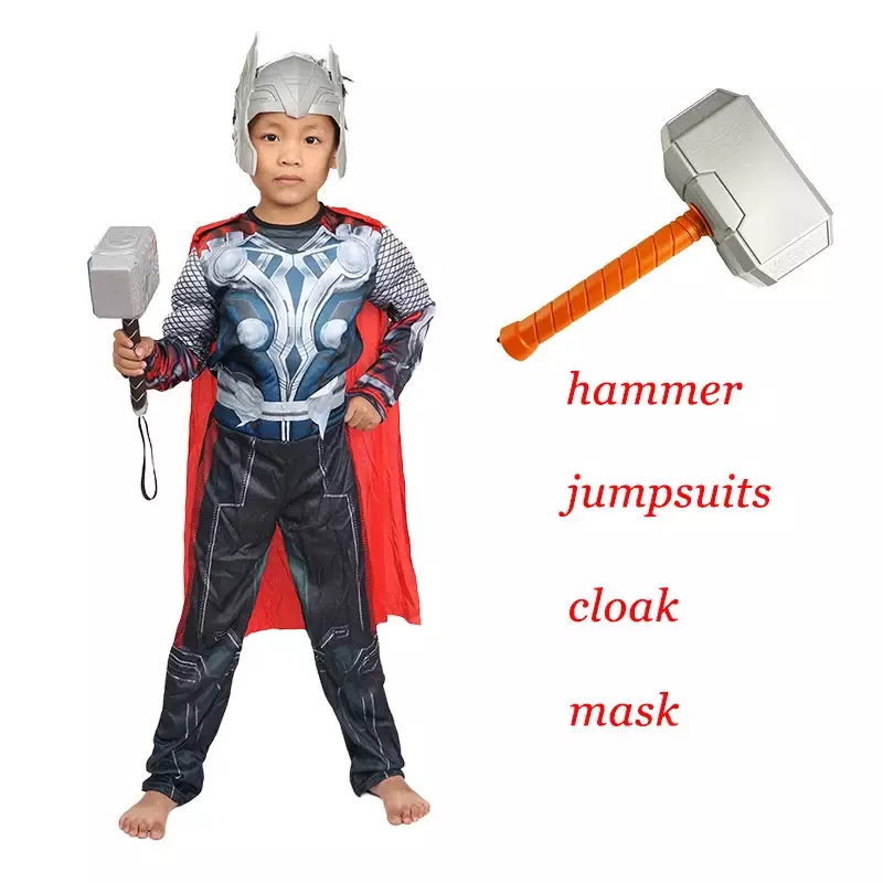 Kids Thor Muscle Costume Superhero Thor Cosplay Muscle Costume Jumpsuit Mask Hammer Halloween Carnival Clothes for Children