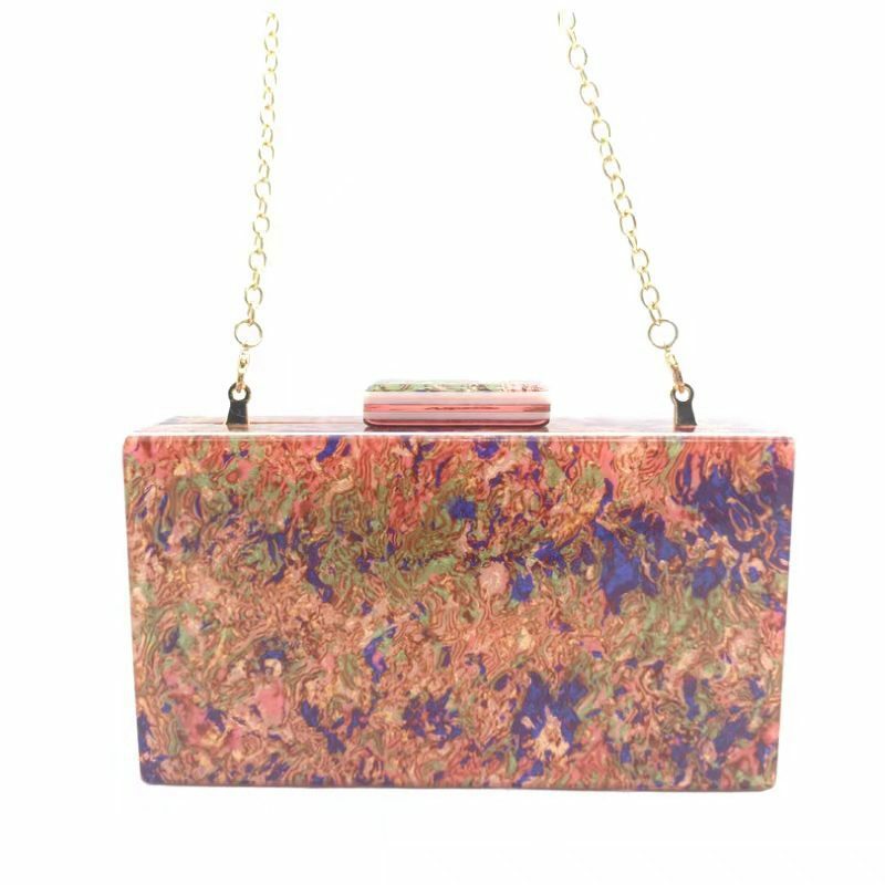 다채로운 아크릴 쉘 상자 클러치 여성 여성 플랩 어깨 수지 체인 핸드백 파티 공장 저녁 레이디 소녀 지갑 지갑