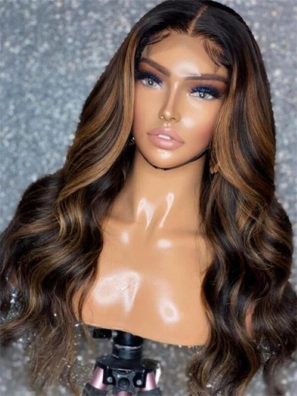 26'' Soft Long Natural Wave 180Density Highlight Brown Lace Front Wig For Black Women BabyHair Heat Resistant Glueless Prepluck