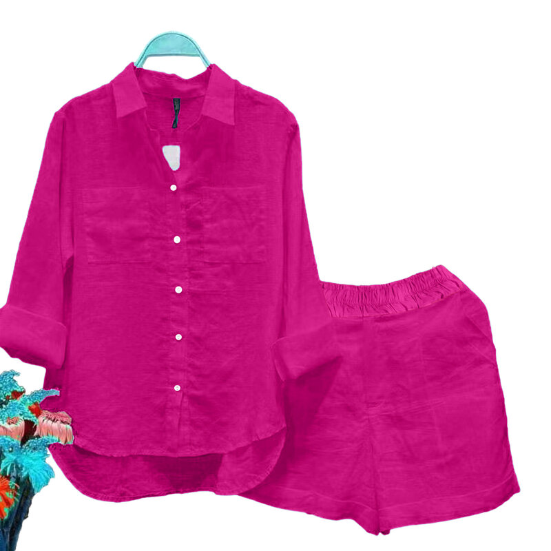 Conjuntos de pantalones cortos de primavera para mujer, camisas de manga larga con solapa y pantalones de cintura alta, 2 piezas, trajes informales para correr