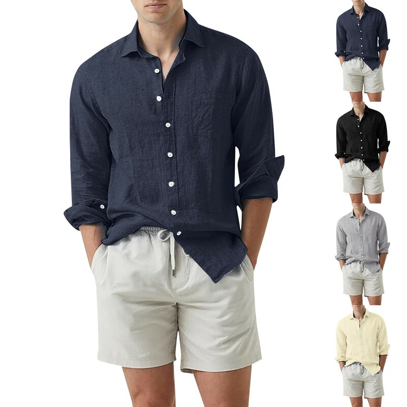 Camiseta masculina manga longa de linho, camisa solta de algodão monocromática, camisa casual na moda, nova