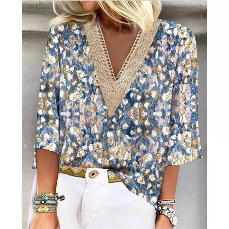 2023 Summer Half Sleeve Plant Flowers Print Blouse Fashion Lace V-Neck Shirt Casual Tops Elegant Loose Lady Clothes Blusas 26133