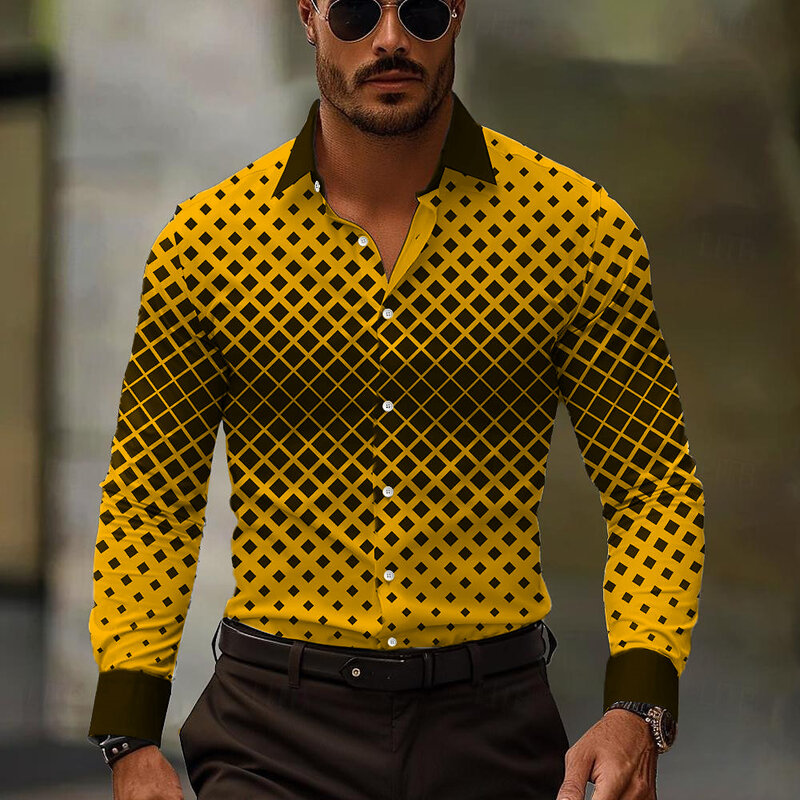 Koszula męska krata kwadratowa formalna jesienna zima wiosna lato klapa z długim rękawem modny guzik projekt odzieży męskiej 2024