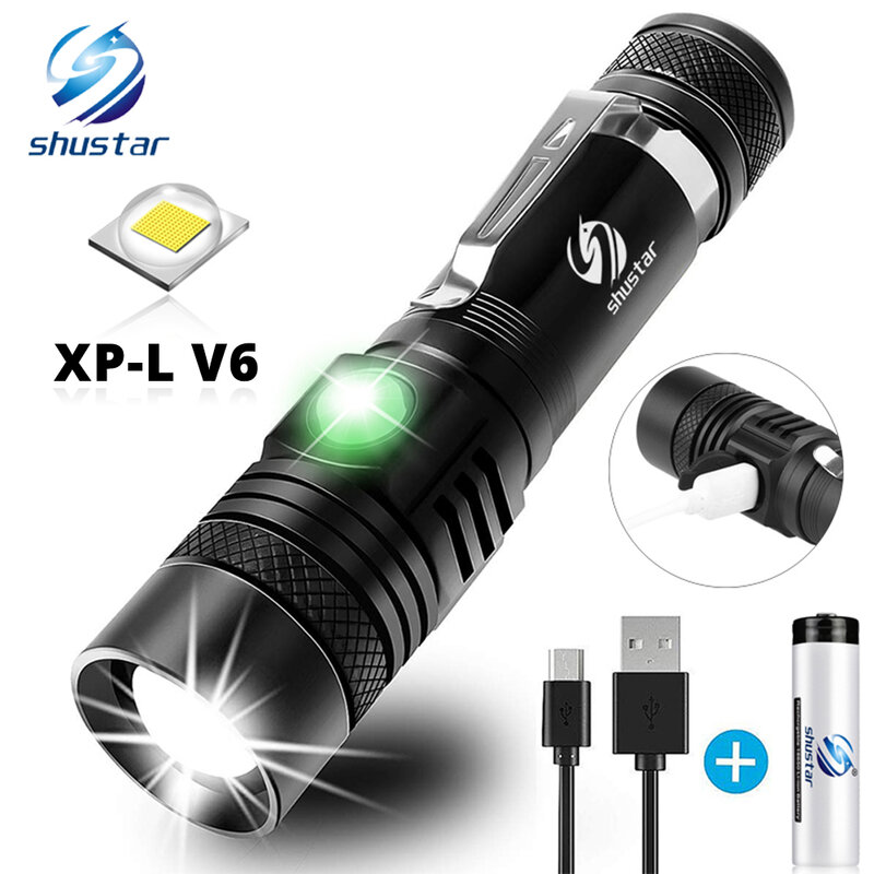 Lanterna LED ultra brilhante com carregamento USB, tocha impermeável, contas de lâmpada Zoomable, 4 modos de iluminação, multi-função, XP-L, V6