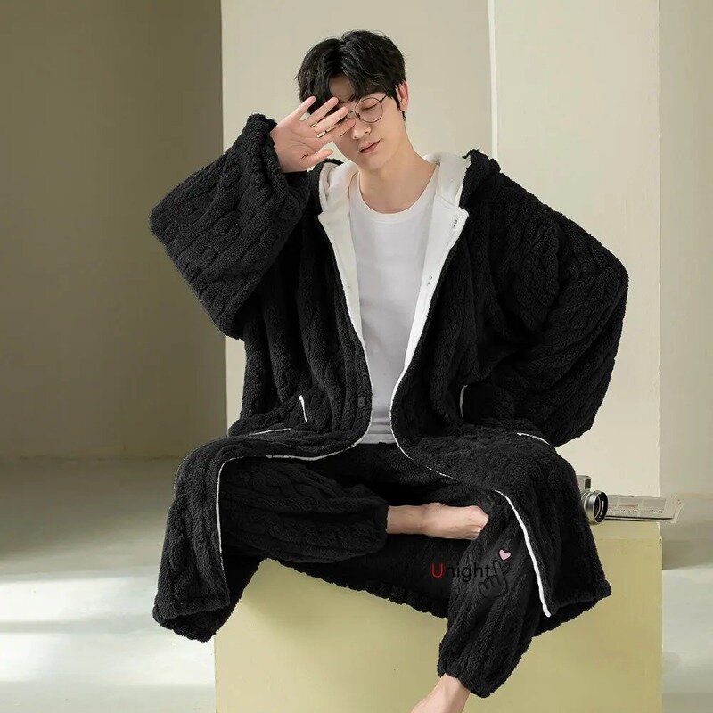 Conjunto de pijama de lana de Coral para hombre, camisón de talla grande, traje de Kimono, albornoz grueso y cálido, novedad de 2023