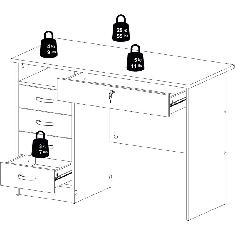 Schreibtisch mit 5 Schubladen, weiß