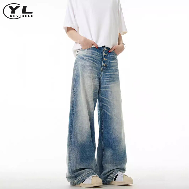 Jeans con bottoni lavati retrò uomo donna American High Street pantaloni larghi a gamba larga moda Harajuku pantaloni dritti in Denim