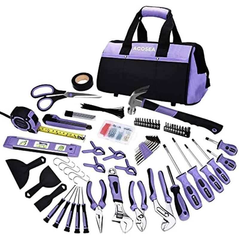 XMSJ toolbox for mechanics Purple Tool Set,223-Piece Tool Sets for Women,Tool Kit with 13-Inch Wide Mouth Open Purple Tool Bag