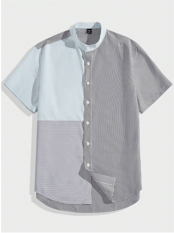 Camisa de bloco colorida listrada masculina, manga curta, gola alta, casual com botões, moda confortável, verão, 5XL