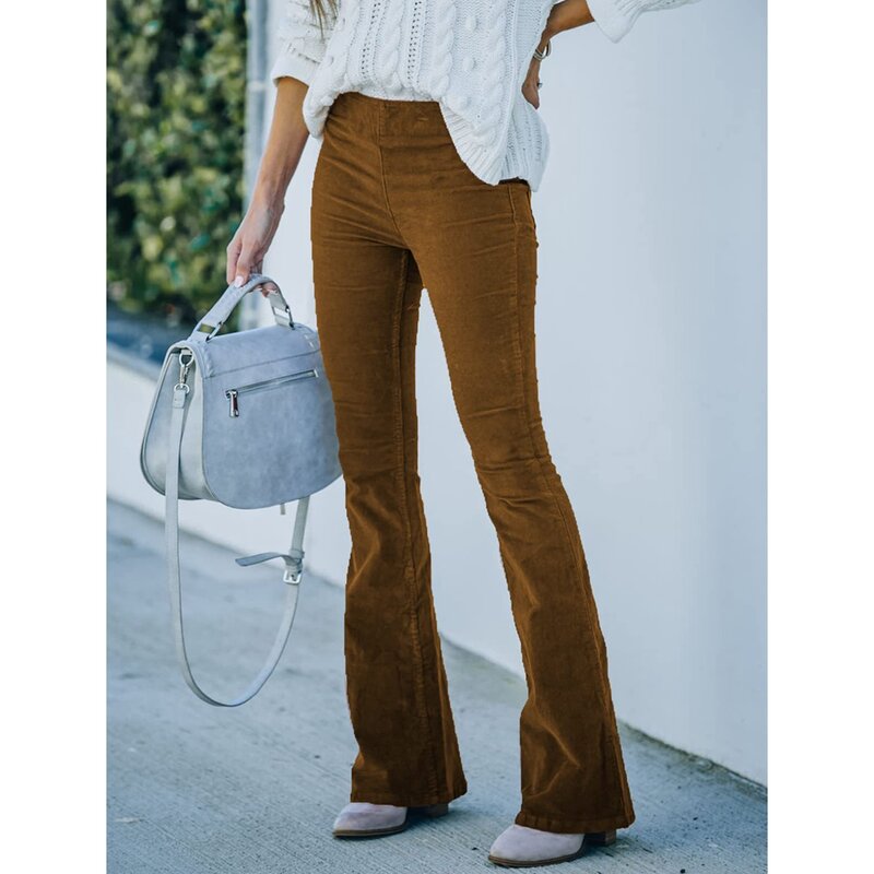 Calça casual de veludo feminino, cintura alta com fundo emagrecedor com bolsos, M Khaki