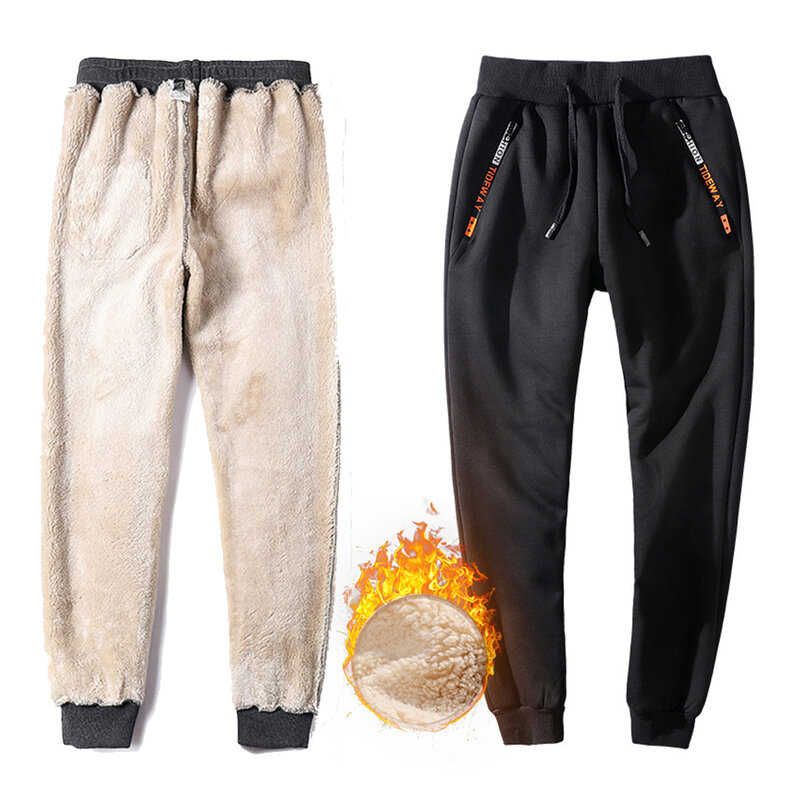 Pantalones de Cachemira de piel de cordero para hombre, calzas informales cálidas, forro polar, de chándal, talla grande, Invierno