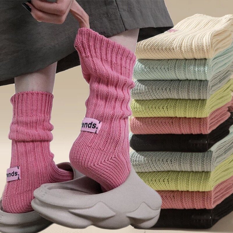 Solid Color Thick Thread Knitted Socks Japanese Style Simple Pink Label Men Women Couples Sports Stacked Socks Casual Piles Sock