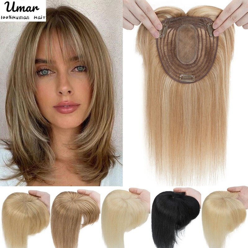 Nakładka na włosy z grzywką kobiety 100% peruki z ludzkich włosów spinka w włosy blond naturalne proste włosy Topper jedwabna podstawa 35cm