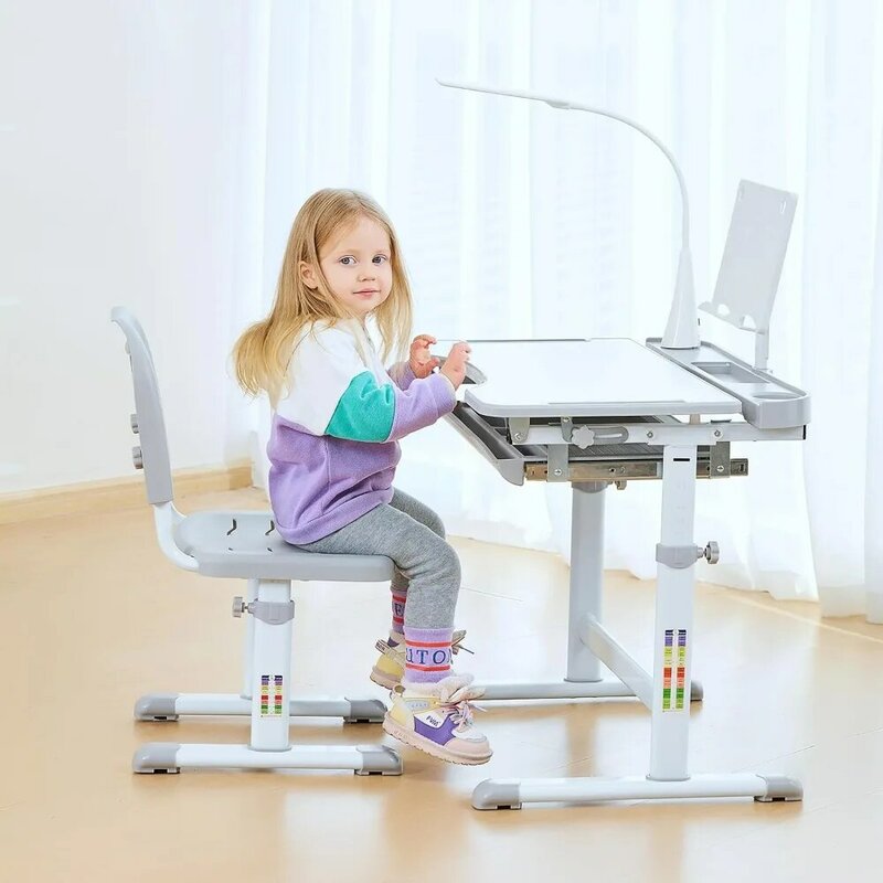 Juego de escritorio y silla para niños, luz LED, altura ajustable, escritorio de estudio escolar con soporte de libro de escritorio inclinable