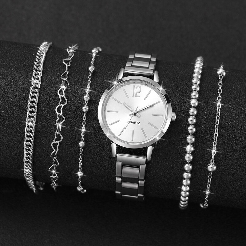 6pcs/ Set Fashion Women Silver Color Stainless Steel Band Quartz Analogue Watch & Bracelet Set
