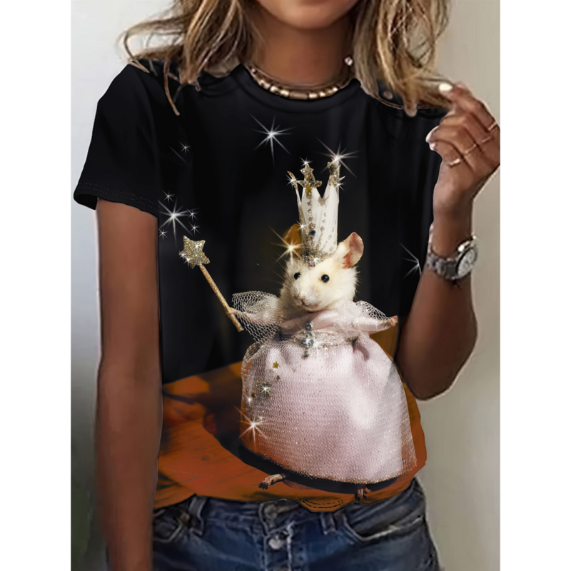 Girafa Animal engraçado camiseta feminina, camiseta com estampa 3D, personagens fofos, blusa casual de manga curta Harajuku, extragrande roupas femininas