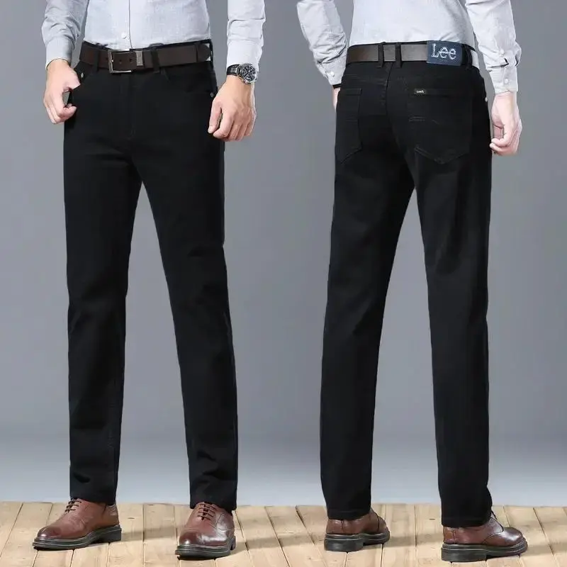 Klasyczne dżinsy biznesowe męskie wysokiej jakości Retro Slim Stretch męskie jeansy spodnie bawełniane haft Jean Homme spodnie dżinsowe