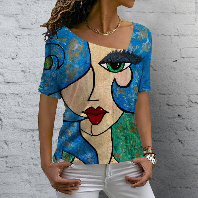 Koszulka z dekoltem w szpic damska letnia koszula w stylu Casual z nadrukiem luźna odzież w stylu Vintage trójnik żeński S-5XL ubrania z krótkim rękawem Y2K