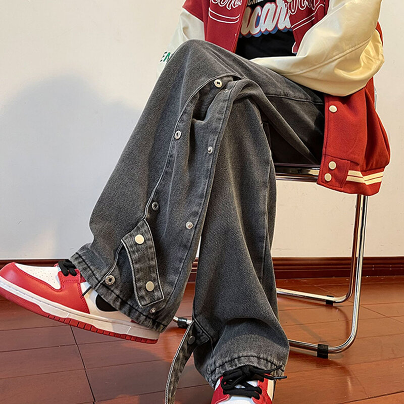 2023 outono solto casual japonês streetwear hip hop vintage afligido calças de brim botão lateral dos homens calças jeans preto masculino
