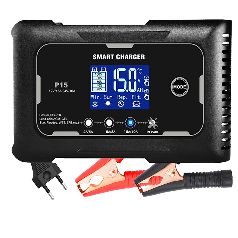 Chargeur de batterie intelligent LCD pour voiture et moto, réparation d'impulsions automatique, plomb-acide, batterie au lithium, 15A, 20A