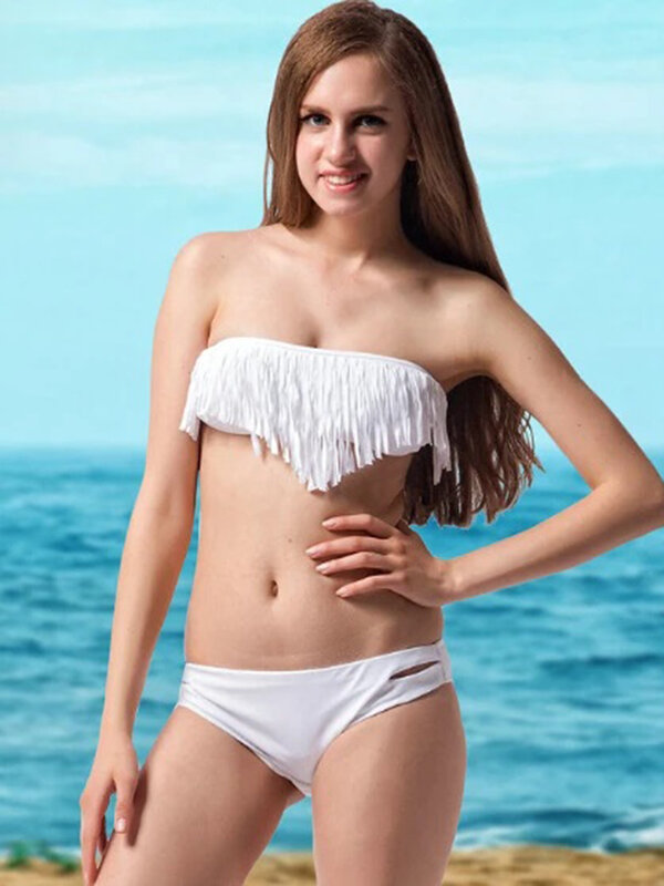 Conjunto de Bikini Sexy con borlas para mujer, Bikini liso con hombros descubiertos, ropa de playa sin espalda, tendencia de verano, vacaciones, 2024