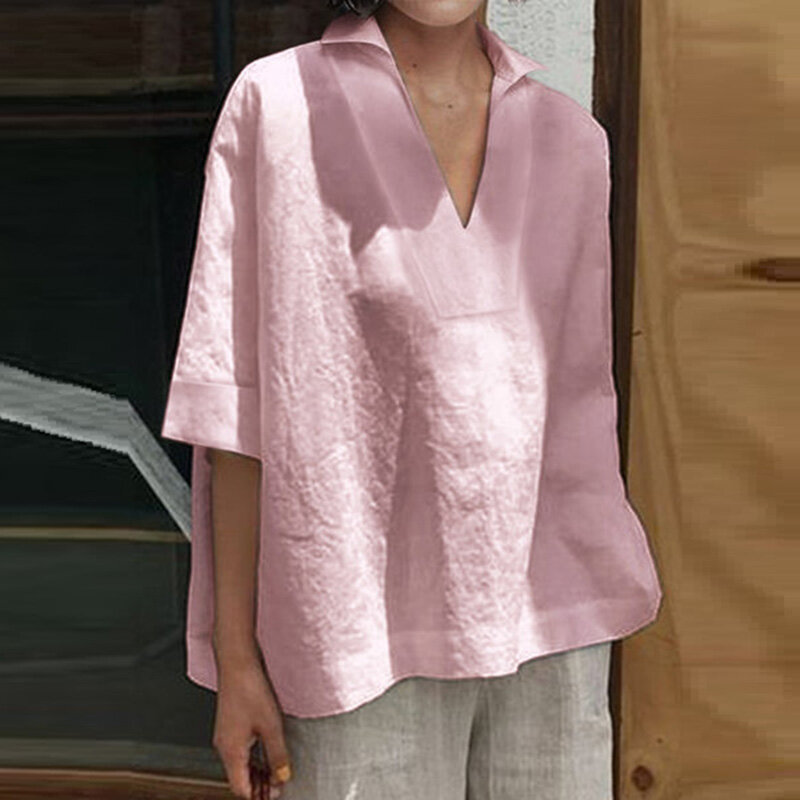 Camisas informales Vintage de manga corta para mujer, Tops de gran tamaño con cuello en V, blusa de lino de algodón holgada Simple y elegante que combina con todo