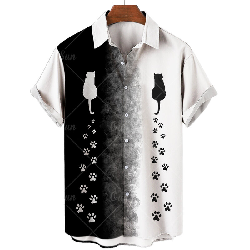 여름 하와이안 비치 셔츠 레트로 3D 고양이 동물 패션 비치 반팔 셔츠 남성용, 특대 사이즈 5XL