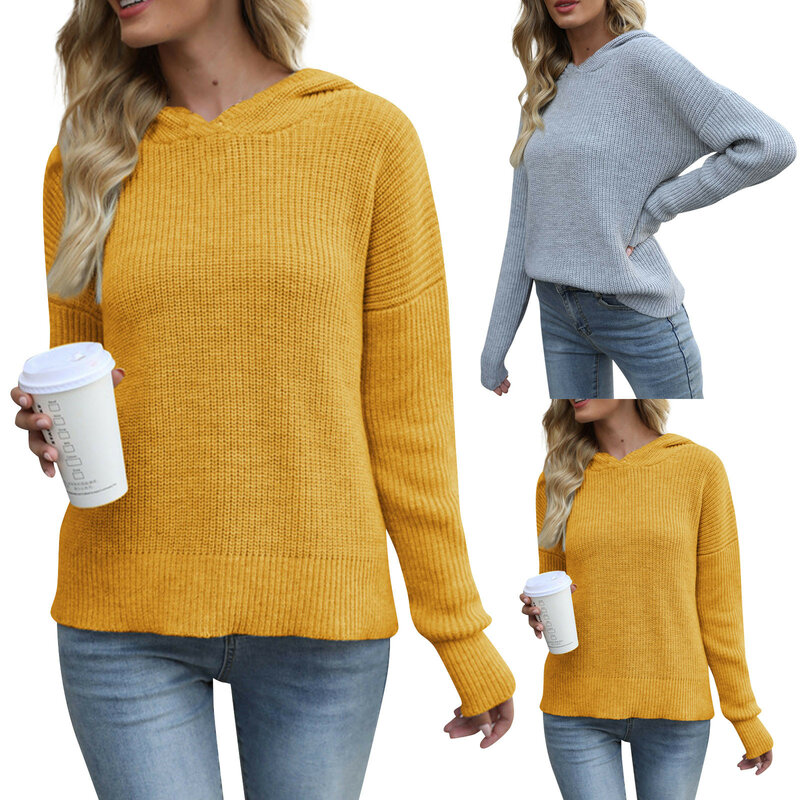 2023 Winter New Female Casual Popular Clothing Women's Solid Color Hundred Hooded Knit Loose Collapsed Shoulder Pullover Sweater