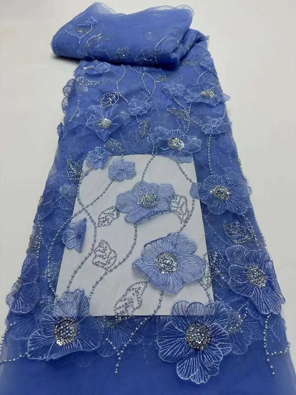 Kwiat 3D afrykańskie koraliki tkanina tiulowa koronka 2024 wysokiej jakości cekiny haft francuski tiul koronki dla Nigeiran imprezowa sukienka